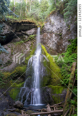 Marymere Falls Cascading Over Mossy Rocks in a Lush Forest Setting. 121432955