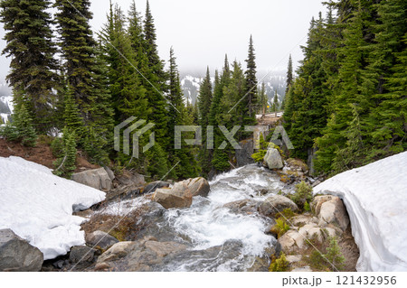 Scenic View of Myrtle Falls with Snow-Capped Rocks and Evergreen Trees. Scenic View of Myrtle Falls with Snow-Capped Rocks and Evergreen Trees. 121432956