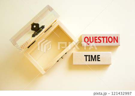 Question time symbol. Concept words Question time on beautiful wooden blocks. Beautiful white background. Wooden empty chest. Business and question time concept. Copy space. Question time symbol. Concept words Question time on beautiful wooden blocks. Beautiful white background. Wooden empty chest. Business and question time concept. Copy space. 121432997