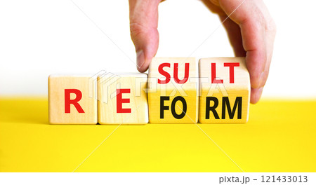 Reform and result symbol. Concept words Reform Result on beautiful wooden block. Beautiful yellow table white background. Businessman hand. Business Reform and result concept. Copy space. Reform and result symbol. Concept words Reform Result on beautiful wooden block. Beautiful yellow table white background. Businessman hand. Business Reform and result concept. Copy space. 121433013