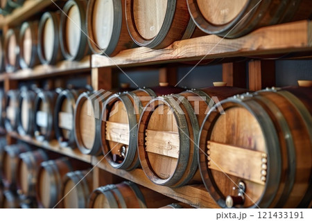 Rustic wooden wine barrels stacked in a traditional winery cellar 121433191