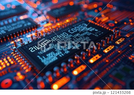 Close-up of a circuit board with a digital display showing binary code 121433208