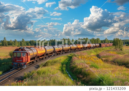 Curved railroad tracks through the countryside with a train of oil tankers passing through 121433209