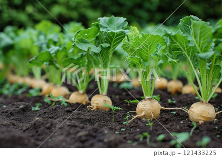 Close-up view of rows of young green turnip...のイラスト素材 [121433225] - PIXTA