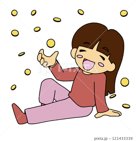 小銭に囲まれてウキウキな女性 121433339
