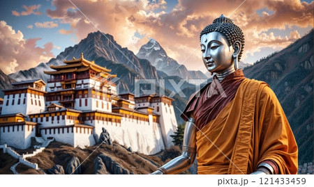 humanoid robot dressed in kasaya with tranquil mountainous view for use in tech, mindfulness, or nature based campaigns 121433459