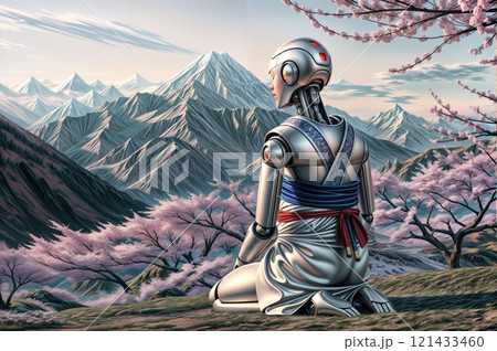 futuristic humanoid robot in kasaya robe with spiritual mountain landscape for use in digital storytelling, animation, or cultural content 121433460