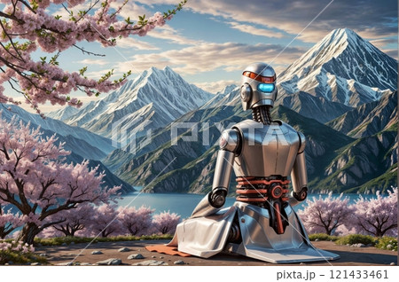 serene humanoid robot in kasaya robe with mountain backdrop for use in promotional content related to technology or spirituality 121433461