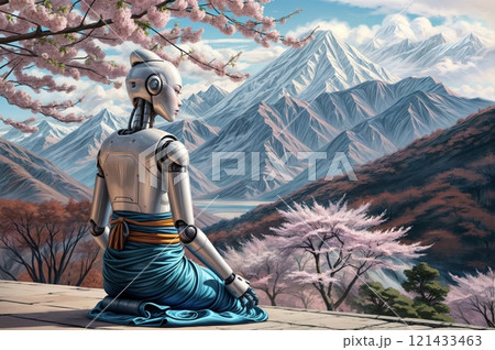 thoughtful humanoid robot in kasaya robe with majestic mountain view for use in advertising related to tech, meditation, or art 121433463