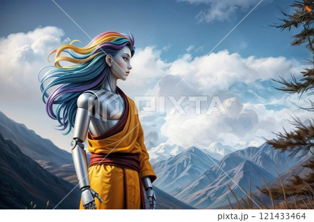 futuristic humanoid robot in meditative pose with tranquil mountain background for use in meditation and mindfulness materials 121433464