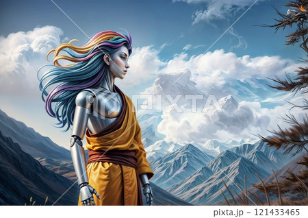 peaceful humanoid robot reflecting calm energy against serene mountain landscape for use in wellness and relaxation projects 121433465