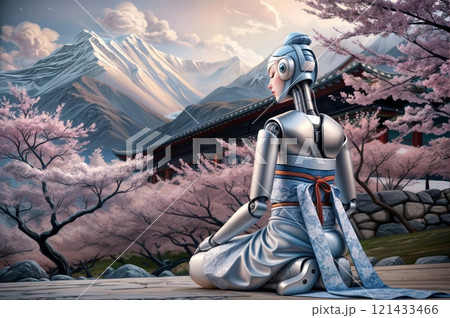 humanoid robot in kasaya surrounded by mountains with calm energy for use in futuristic storytelling, art, or cultural promotion 121433466