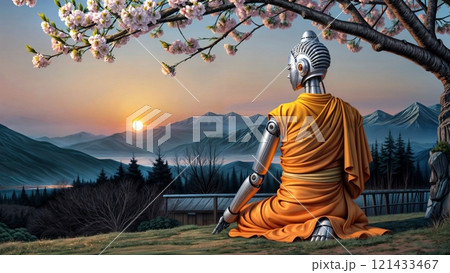 peaceful humanoid robot in kasaya robe on serene mountain peak for use in tech and meditation projects 121433467
