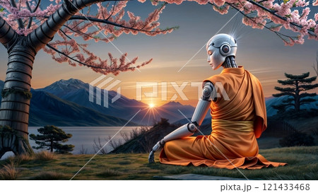contemplative humanoid robot in kasaya robe with mountain backdrop for use in sci-fi, spiritual, or tech branding 121433468