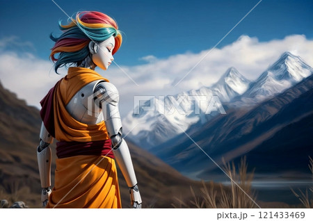 spiritual robot in a thoughtful pose surrounded by a tranquil mountain backdrop for digital wellness or meditative purposes 121433469