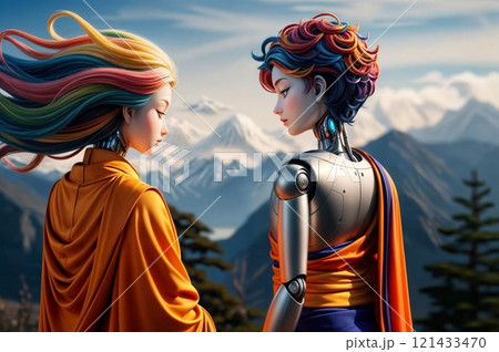 two robots practicing meditation in a calm, scenic environment for mindfulness content 121433470