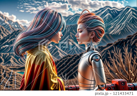 tranquil meditation scene with robots in nature for use in relaxation and wellness media 121433471