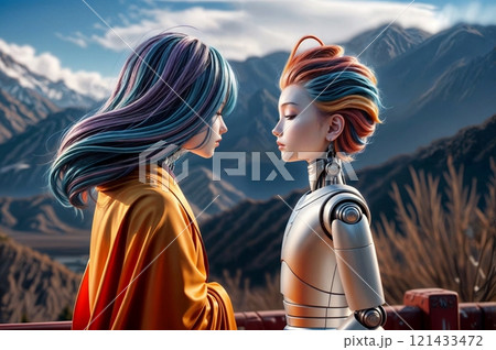two robots in deep meditation against a scenic natural landscape for spiritual peace 121433472