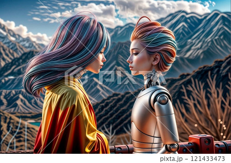 peaceful meditation scene with two humanoid robots for digital wellness content 121433473
