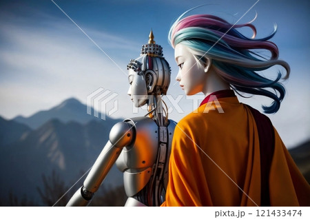 serene robots in a meditative pose with mountain backdrop for mindfulness imagery 121433474