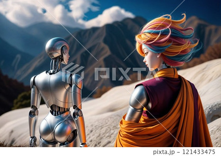 futuristic robots meditating peacefully in nature for spiritual and wellness content 121433475