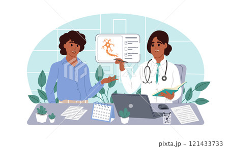 World Multiple Sclerosis Day. Doctor talking to patient in hospital. Doctor and patient with good news, health results, advice and report. Multiple Sclerosis Awareness. 121433733