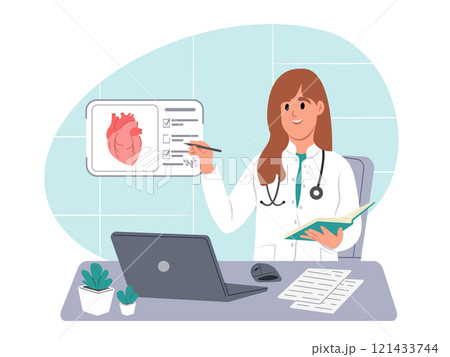 Cardiology concept. Doctor looks at a heart scan on a virtual screen while sitting at a table in a hospital. Diagnosis and treatment of heart disease. Vector flat illustration Cardiology concept. Doctor looks at a heart scan on a virtual screen while sitting at a table in a hospital. Diagnosis and treatment of heart disease. Vector flat illustration 121433744