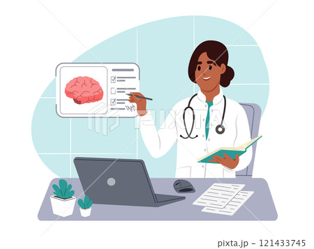 Doctor looks at a brain scan on a virtual screen while sitting at a table in a hospital. Diagnosis and treatment of brain disease. Vector flat illustration 121433745
