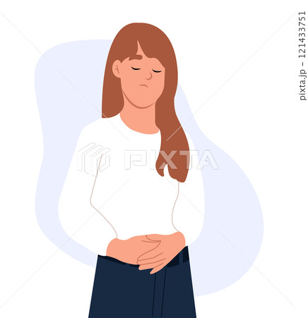 Person who holds his stomach, feels abdominal pain, suffers from gastritis, pancreatitis or diarrhea. Vector illustration in flat cartoon style Person who holds his stomach, feels abdominal pain, suffers from gastritis, pancreatitis or diarrhea. Vector illustration in flat cartoon style 121433751