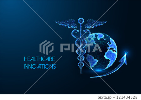 Healthcare innovations concept with glowing caduceus symbol and Earth on dark blue background.  121434328