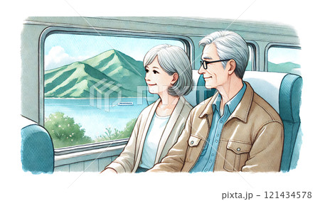 窓から見える景色を眺めるシニア夫婦の旅行道中 窓から見える景色を眺めるシニア夫婦の旅行道中 121434578