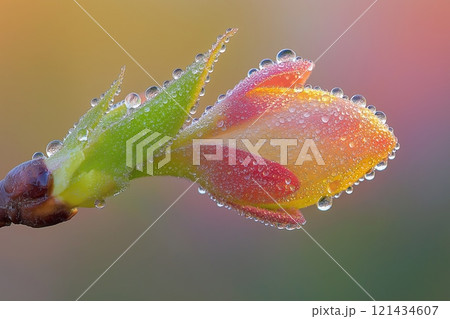 Colorful flower bud covered in morning dew glistening in soft sunlight Colorful flower bud covered in morning dew glistening in soft sunlight 121434607