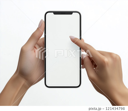 スマホを操作する手とスマートフォンの白い画面のモックアップ スマホを操作する手とスマートフォンの白い画面のモックアップ 121434798