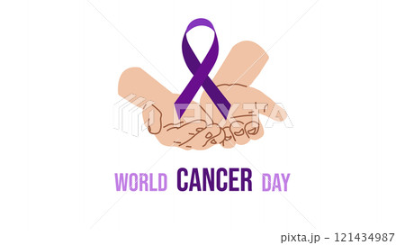 World Cancer Day. February 4th. Raising awareness. Embrace of hope. Purple ribbon symbol fight against cancer banner. Expressing support for patients and their families. Vector illustration. 121434987