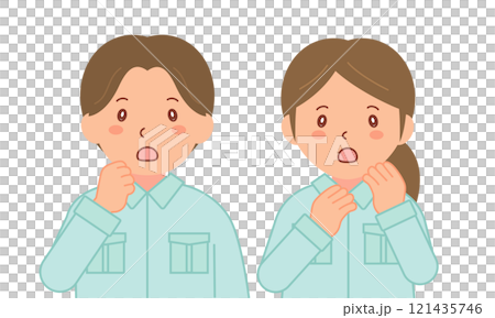 Male and female staff in work clothes with surprised expressions (upper body) 121435746