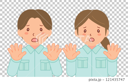 Male and female staff in work clothes refusing with palms up (upper body) Male and female staff in work clothes refusing with palms up (upper body) 121435747