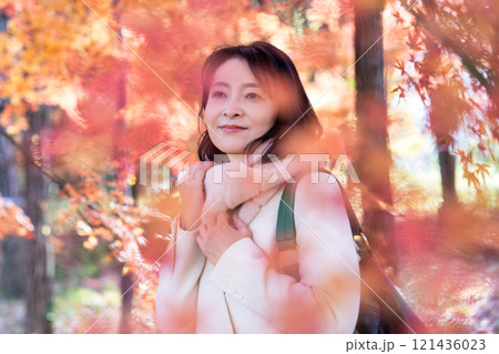 紅葉狩りをするミドルの女性 紅葉狩りをするミドルの女性 121436023