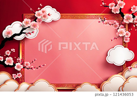 Chinese new year background banner with Chinese paper lanterns,peach blossom, peony,red tone. 121436053