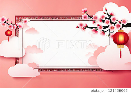 Chinese new year background banner with Chinese paper lanterns,peach blossom, peony,red tone. 121436065