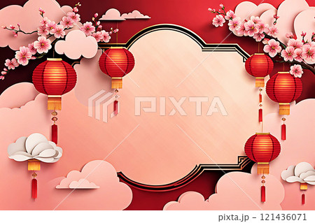 Chinese new year background banner with Chinese paper lanterns,peach blossom, peony,red tone. Chinese new year background banner with Chinese paper lanterns,peach blossom, peony,red tone. 121436071