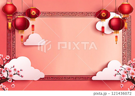 Chinese new year background banner with Chinese paper lanterns,peach blossom, peony,red tone. 121436072