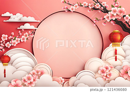 Chinese new year background banner with Chinese paper lanterns,peach blossom, peony,red tone. 121436080