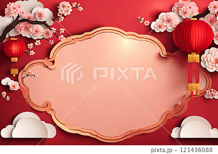 Chinese new year background banner with Chinese paper lanterns,peach blossom, peony,red tone. 121436088