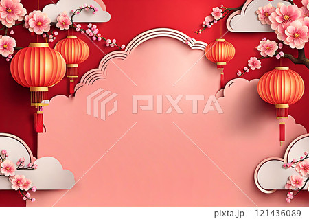 Chinese new year background banner with Chinese paper lanterns,peach blossom, peony,red tone. 121436089