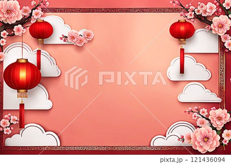 Chinese new year background banner with Chinese paper lanterns,peach blossom, peony,red tone. 121436094