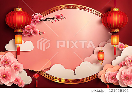 Chinese new year background banner with Chinese paper lanterns,peach blossom, peony,red tone. 121436102