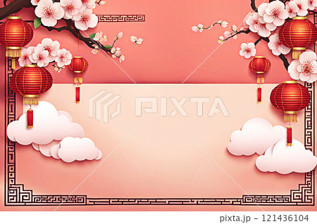 Chinese new year background banner with Chinese paper lanterns,peach blossom, peony,red tone. 121436104
