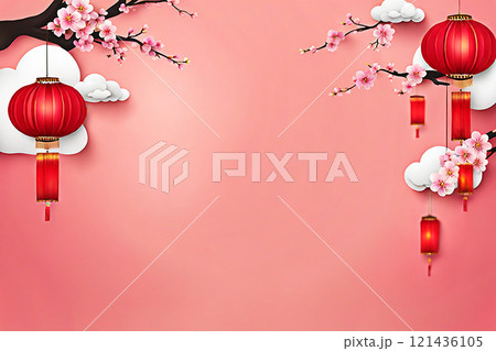 Chinese new year background banner with Chinese paper lanterns,peach blossom, peony,red tone. 121436105