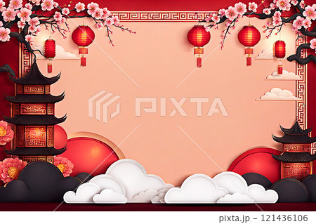 Chinese new year background banner with Chinese paper lanterns,peach blossom, peony,red tone. 121436106
