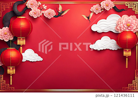 Chinese new year background banner with Chinese paper lanterns,peach blossom, peony,red tone. 121436111
